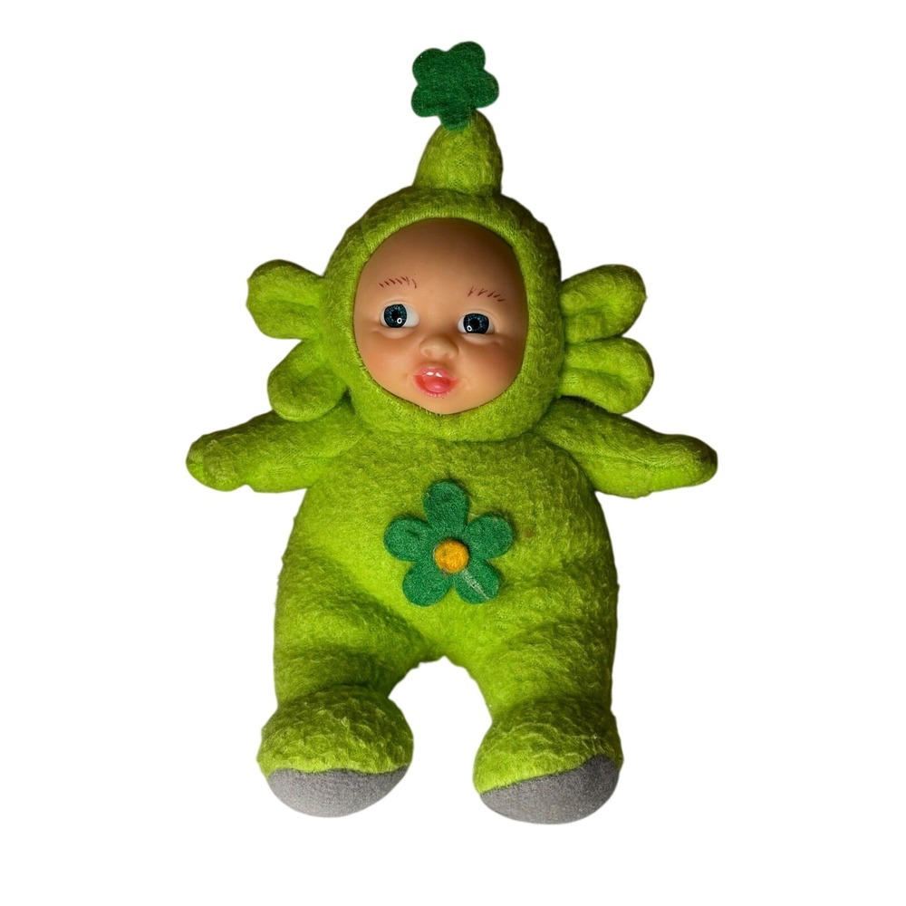 Satin International Rubber Face Beanbag Doll Green Flower Plush 1970s-80s vtg